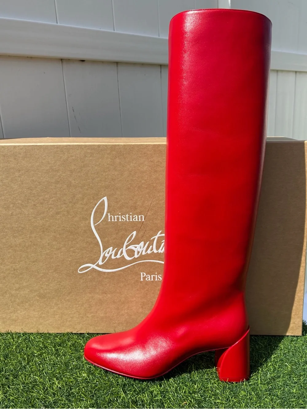 CHRISTIAN LOUBOUTIN JANITTA 55 RED LEATHER BLOCK HEEL KNEE-HIGH BOOTS SZ 38.5